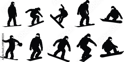 Vector Illustration Set of Snowboarder Silhouettes Performing Action Tricks for Winter Sports Lifestyle Extreme Hobby Outdoor Fun and Professional Athletic Graphic Designs