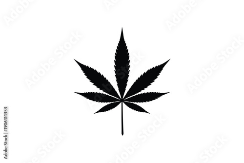 An iconic cannabis leaf with its distinct pointed lobes presented as a simple black silhouette on white
