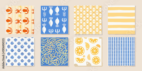 Colorful pattern swatches featuring marine life fruit and geometric designs