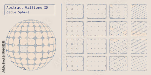 Abstract halftone sphere and grid patterns in beige and blue tones