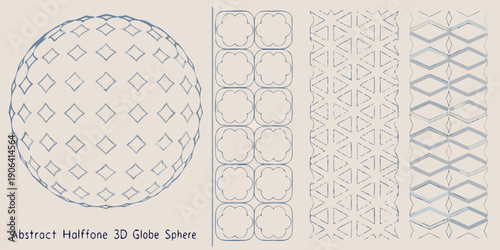 Abstract halftone sphere and repeating geometric patterns in blue tones