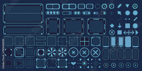 Collection of blue user interface elements and game asset frames