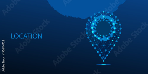 A glowing polygonal location pin icon against a dark blue gradient background