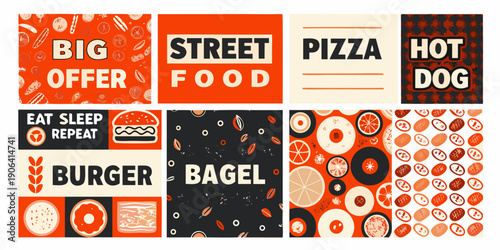A colorful collage of fast food and street vendor sign designs