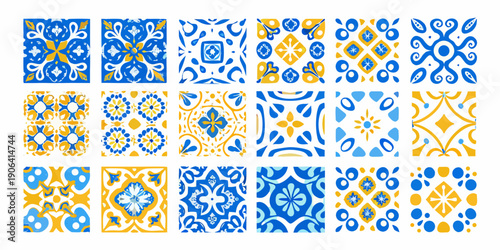 Collection of vibrant blue and yellow portuguese azulejo tile patterns