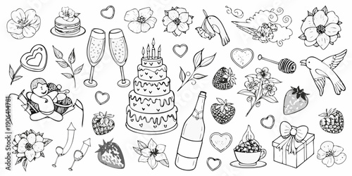 Romantic doodles featuring flowers sweets and celebratory elements in black and white