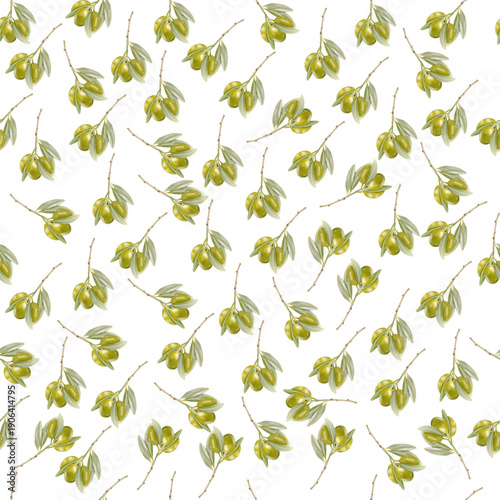 A seamless pattern with realistic green olives on branches with leaves on a white background