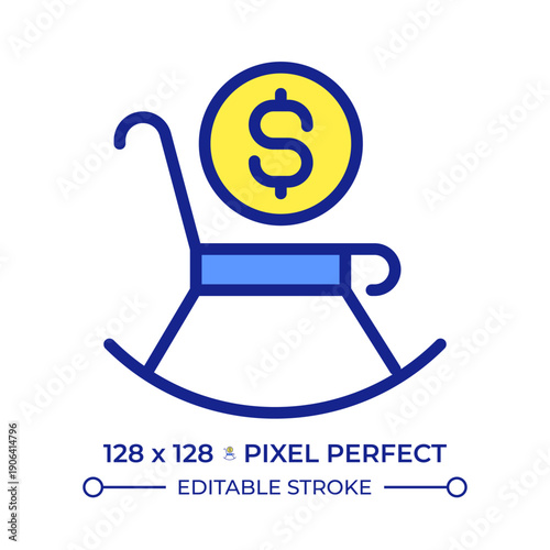 Pension pixel perfect line color icon. Regular long term payment at retirement. Coin on rocking chair. Fund for elderly. Isolated vector illustration. Flat colorful symbol design. Editable stroke