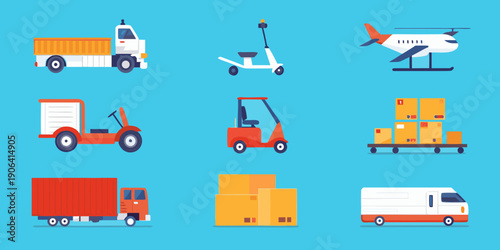 Various transportation and logistics vehicles depicted in a flat design style