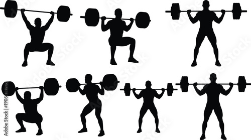 Vector Illustration Set of Weightlifter Silhouettes Doing Barbell Squats and Snatch Exercises for Fitness Workout Gym Training Bodybuilding Strength and Professional Graphic Designs