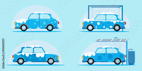 Blue car undergoing a multi stage automated wash process in a carwash