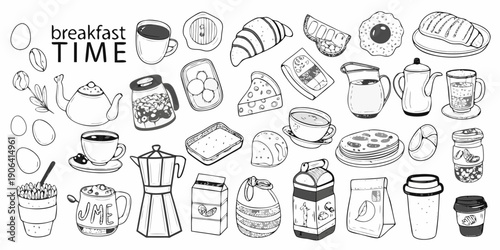 A collection of hand drawn breakfast items and beverages in black and white