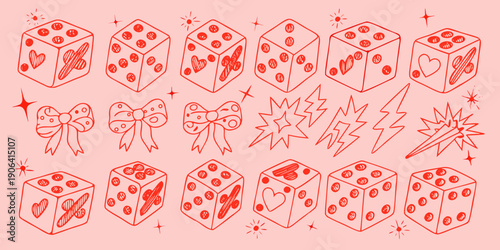 Red doodle pattern featuring dice bows and lightning bolts on pink