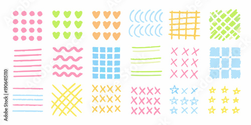 Colorful collection of various stitch patterns and decorative designs