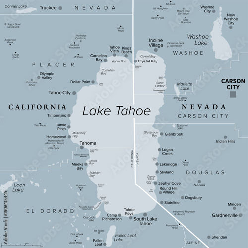 Lake Tahoe in the Western United States, gray political map. Freshwater lake in the Sierra Nevada, straddling the border between California and Nevada. North Americas largest alpine lake. Vector