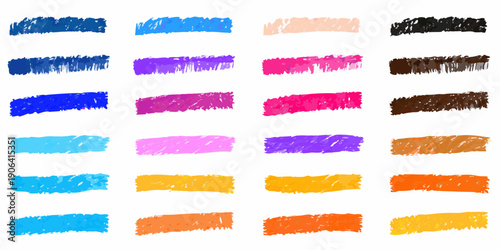 Assorted crayon strokes in vibrant colors arranged in neat rows
