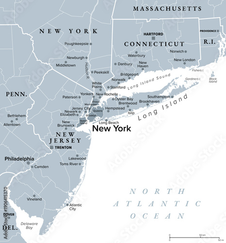 New York metropolitan area, gray political map. Greater New York or Tri-State area, comprising New York City, North and Central New Jersey, Hudson Valley, and Southwestern Connecticut. Vector