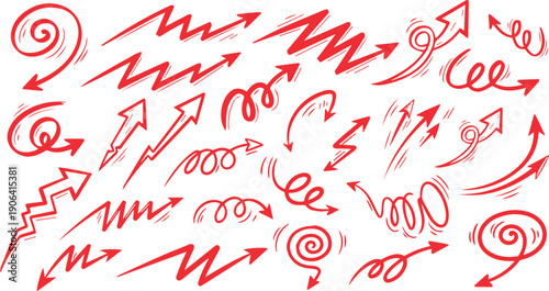 Vector collection of hand-drawn curved arrows with sketchy curls pointing in different directions. Perfect for infographics, presentations, social media graphics, posters, tutorials, UX flows