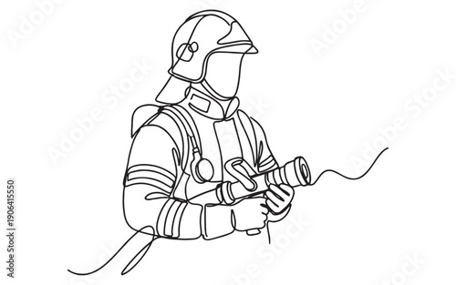 Emergency service theme depicting a firefighter in protective gear spraying water from a hose in continuous line drawing style.