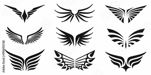 Collection of nine black wing designs in various shapes and styles