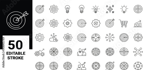 Target Achievement and Business Strategy Line Icon Set with Goals, Analytics, Growth, Marketing, Editable Stroke Vector Collection