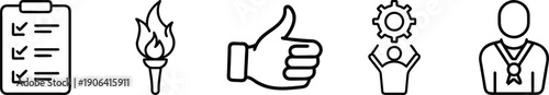 Achievement and Workflow Outline Icons: Checklist, Torch, Thumbs Up, Process Management, and Medal Award Vector Collection transparent background