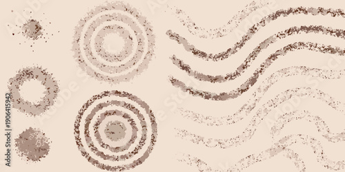 Abstract brown markings circles lines and textured shapes on a beige background