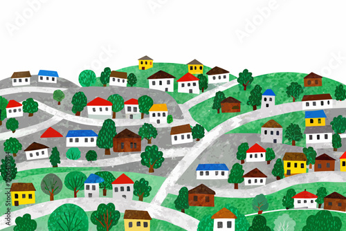 A colorful illustrated landscape featuring a village nestled among rolling hills