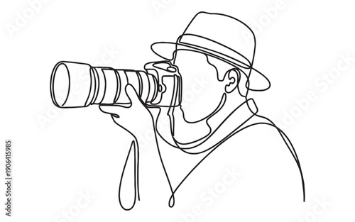 Photography hobby theme showing a young man in a cap taking a picture with a camera in continuous line drawing style.