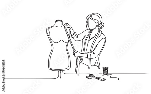 Fashion design theme depicting a female tailor measuring a mannequin with a tape in continuous line drawing style.