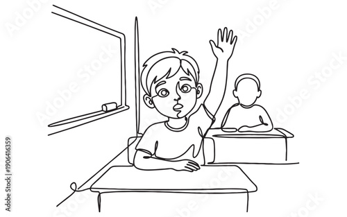 Education theme depicting a young student sitting at a desk raising his hand in continuous line drawing style.