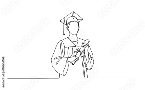 Academic success theme featuring a graduate holding a diploma and wearing a cap and gown in continuous line drawing style.
