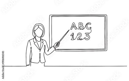 Education theme showing a female teacher pointing at mathematical equations on a blackboard in continuous line drawing style.