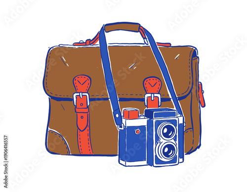 Vintage camera and satchel illustration, retro photography equipment, old school bag, twin-lens reflex, doodle sketch, travel, reporter gear, hobby, artwork