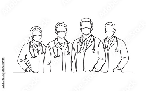 Healthcare heroes theme showing a team of doctors and nurses wearing protective face masks in continuous line drawing style.