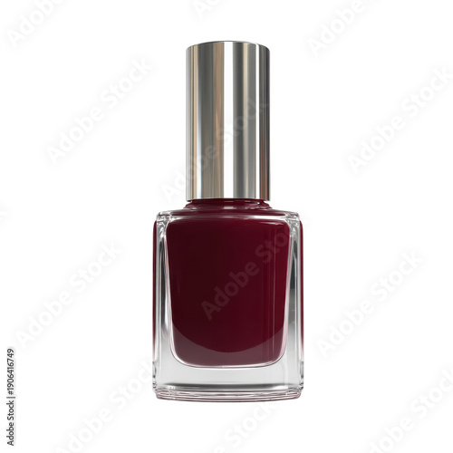 A stylish bottle of deep red nail polish on transparent background
