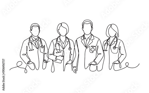Medical staff theme depicting a team of four doctors and nurses standing together in continuous line drawing style.