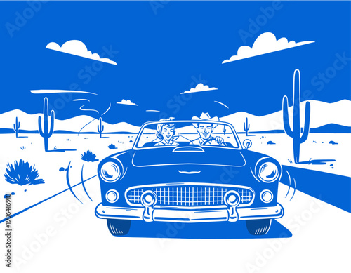 Retro road trip couple vintage convertible car desert landscape illustration, 1950s style, graphic print, blue monochromatic, cactus, travel, freedom, fun, adventure
