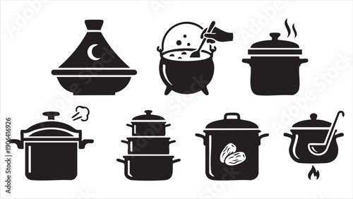 Islamic Charity Food Bowl Icon Set Featuring Hand Giving Soup and Ramadan Symbols for Zakat Distribution and Community Iftar Event Design.