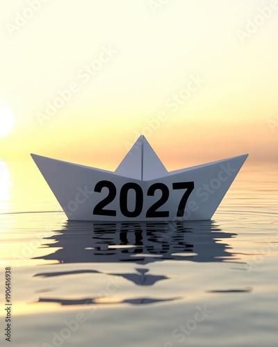 New Year 2027 Sunrise Origami Boat Journey Reflections on Calm Waters Future Hope Concept