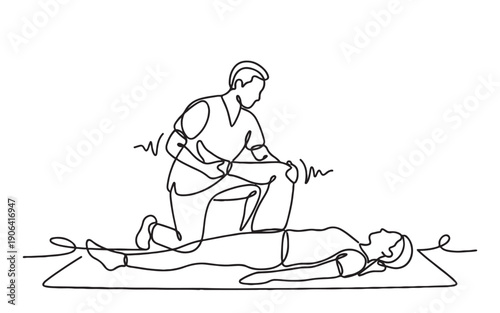 Physiotherapy rehabilitation theme showing a therapist treating a patient's leg injury in continuous line drawing style.
