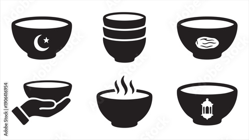 Ramadan Soup Bowl Icon Set Featuring Steaming Hot Food Hand Holding Bowl and Islamic Symbols for Iftar Charity and Halal Restaurant Graphics.