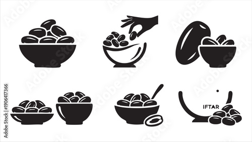 Bowl of Dates Fruit Icon Set for Ramadan Iftar Featuring Hand Picking Date and Sunnah Food Silhouettes for Islamic Nutrition and Fasting.