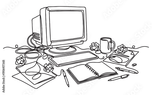 Retro computer setup featuring a CRT monitor, keyboard, and scattered office supplies in nostalgic continuous line art style.