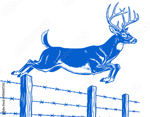 Blue buck jumping barbed wire fence illustration, vintage woodcut style, whitetail deer, hunting, wildlife, nature, farm, ranch, engraving, stencil, graphic, forest animal