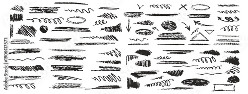 Hand-drawn underlining elements, brush with crayon effect, chalk texture on chalkboard background. Chalk stroke. Vector illustration in children's style. Crayon brush white underline.