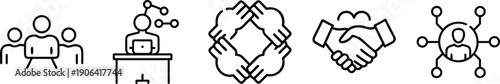 Business Teamwork and Partnership Icons: Clean Line Art for Office Collaboration, Agreement, and Unified Professional Network transparent background