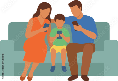 Illustration of a happy family spending quality time at home, reading and unwinding on a cozy couch.
