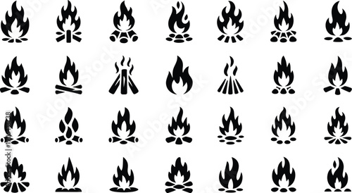 Collection of various black campfire icons on white background.