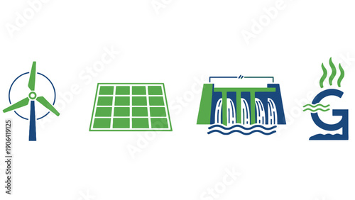 A collection of green energy icons on a white background
